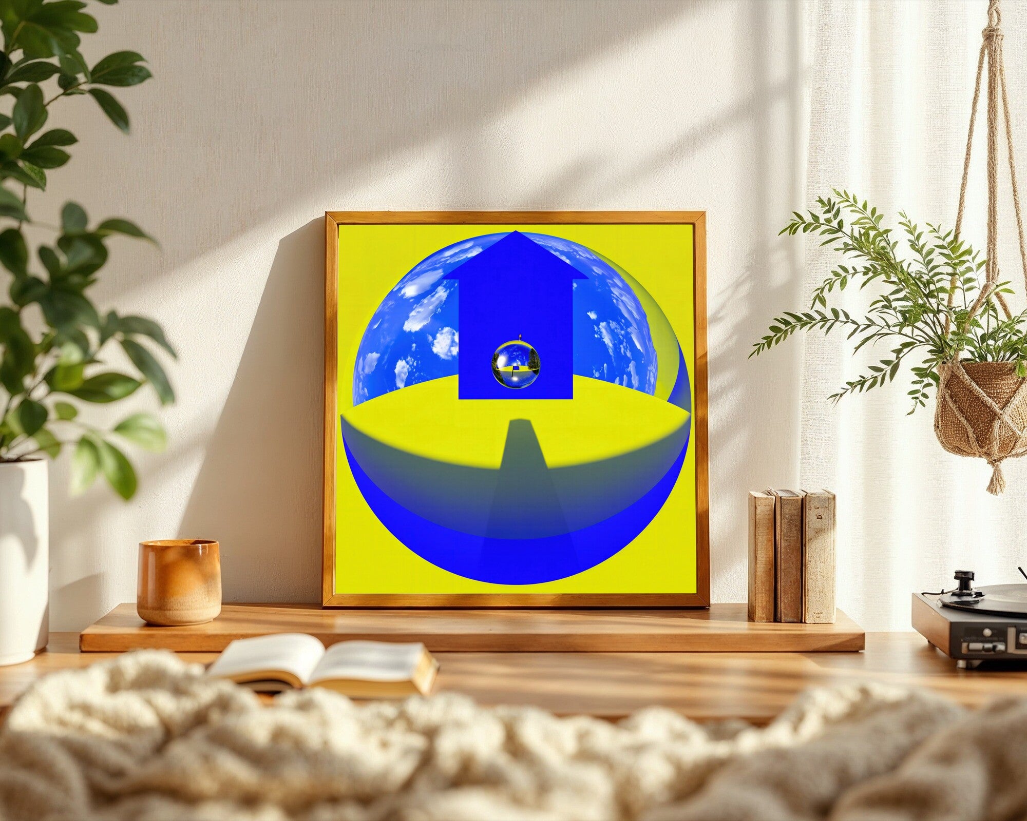 Crystal World Art Print, Surrealist Wall Art, Cobalt & Yellow, Impossible Geometry — room-s-clean