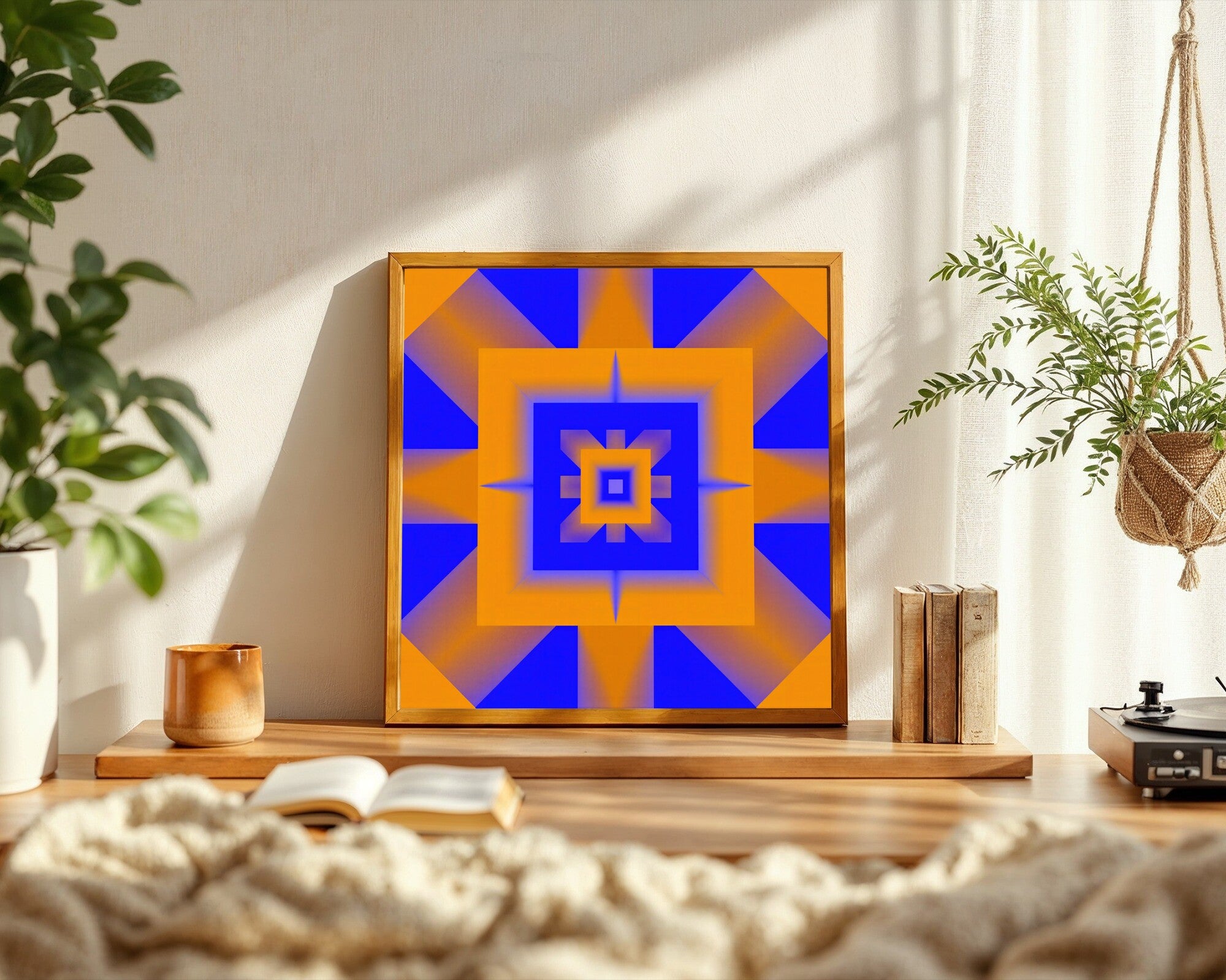 Cadmium Orange & Blue Geometric Wall Art | Abstract Radial Art Print | Colour Field Giclée — room-s-clean