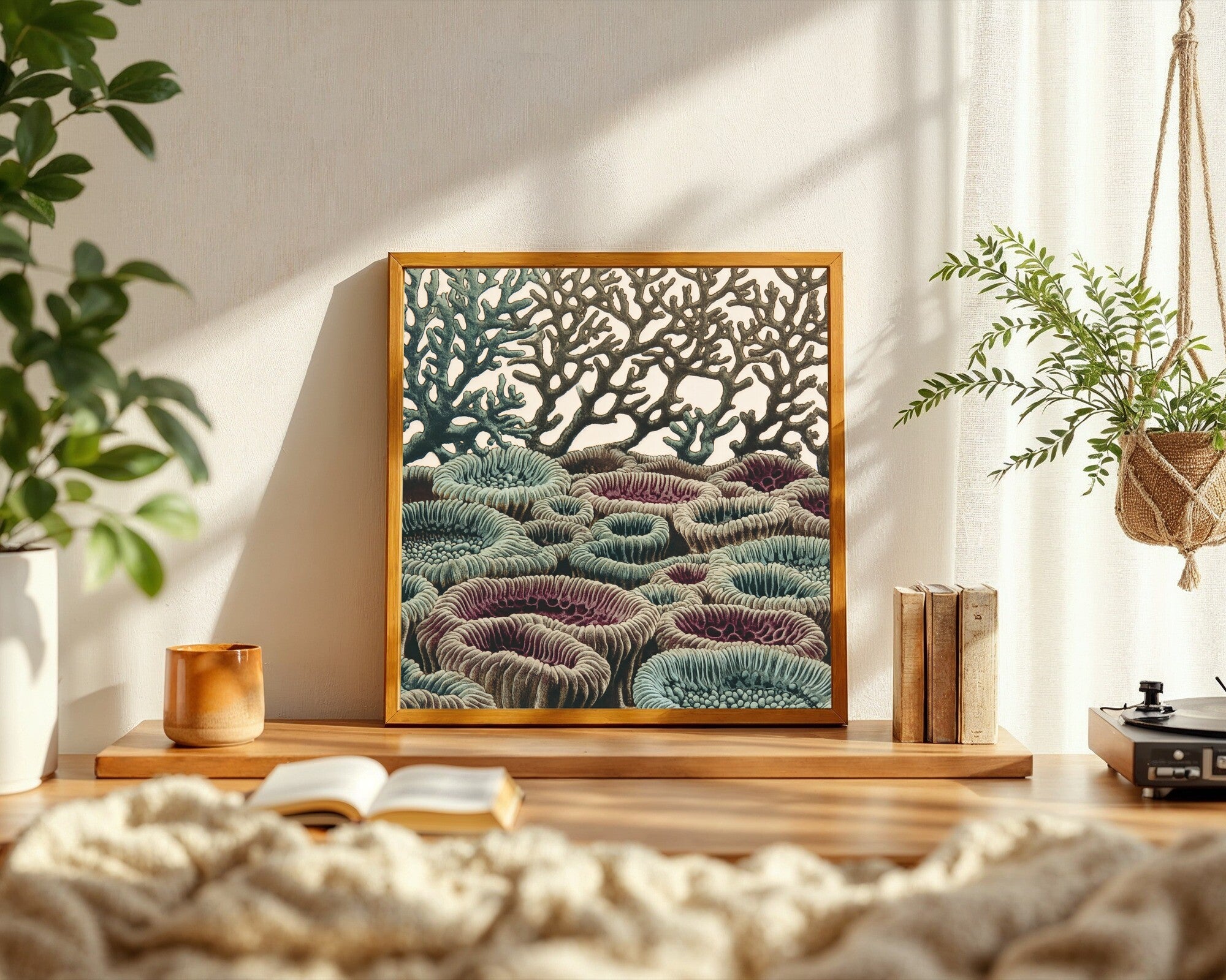 Coral Colony Art Print, Biomorphic Abstract Wall Art in Turquoise and Burgundy — room-s-clean