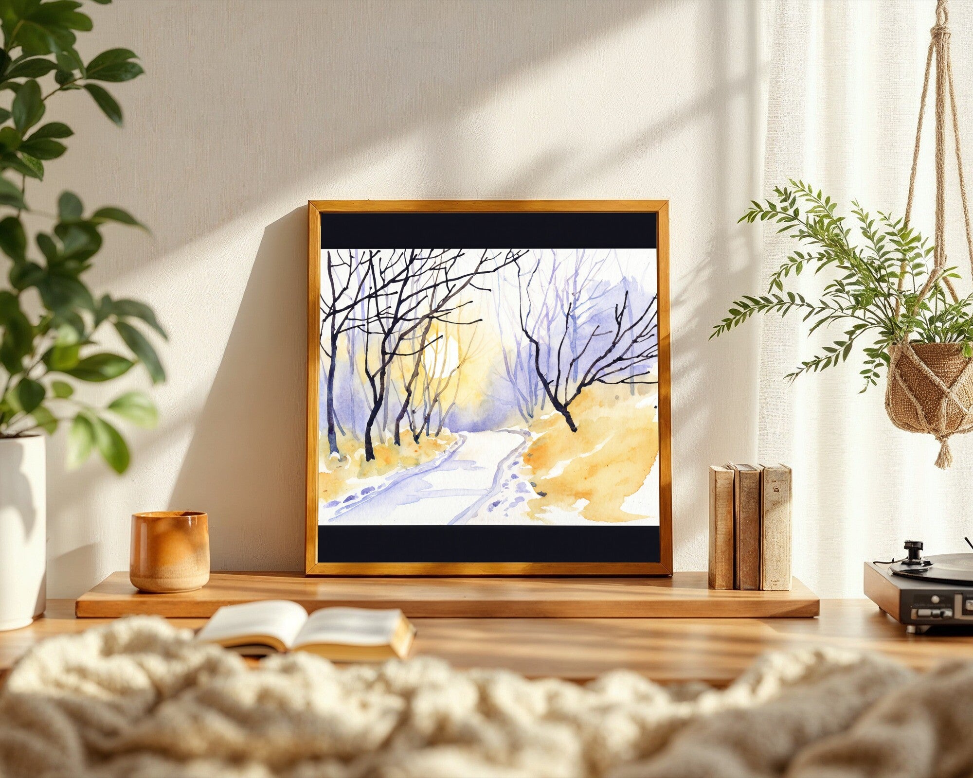Morning Light Through Winter Trees, Watercolor Wall Art Print, Japanese-Inspired Minimalist — room-s-clean