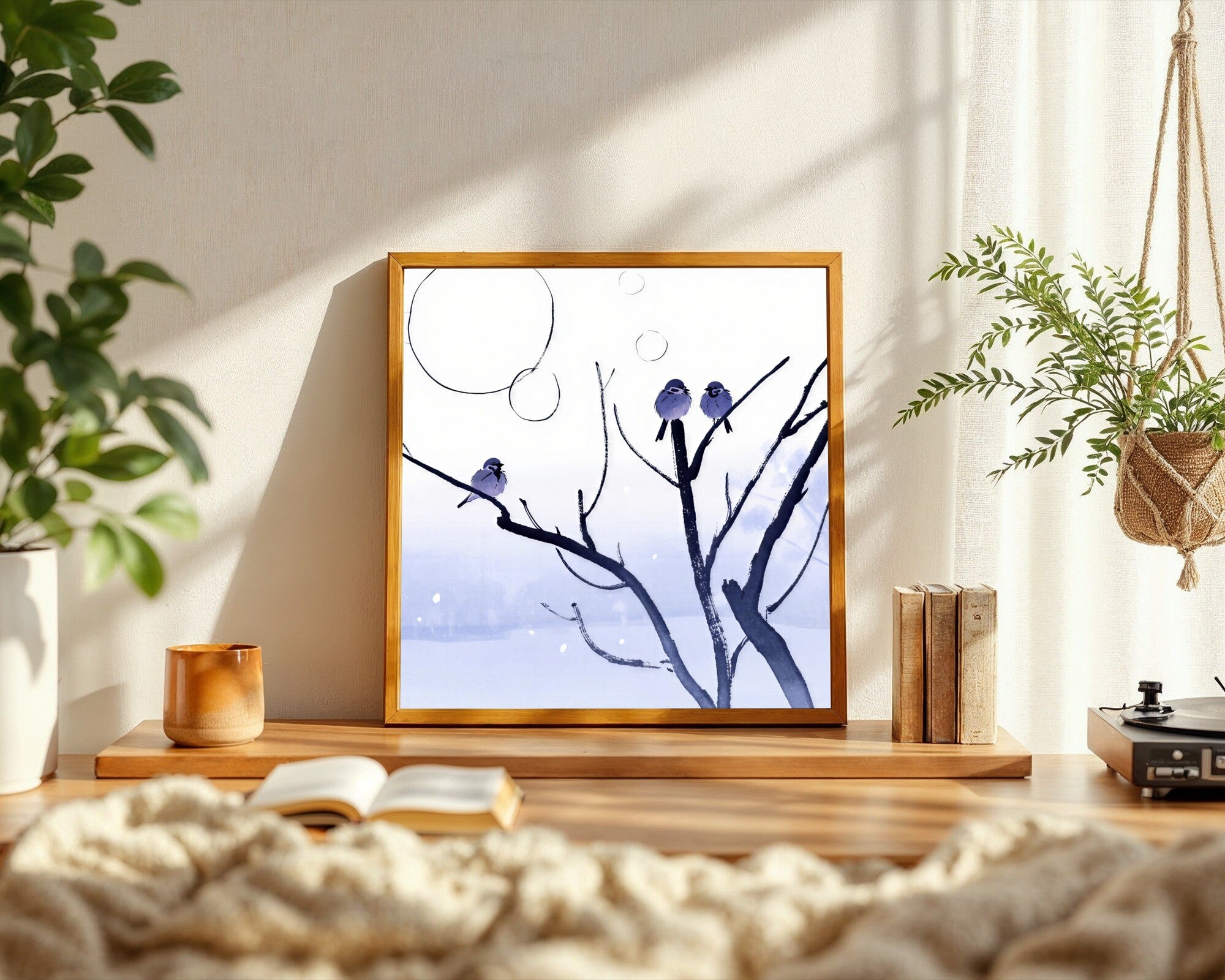 Two Sparrows on a Winter Branch, Zen Ink Art Print | Japanese Minimalist Wall Art — room-s-clean