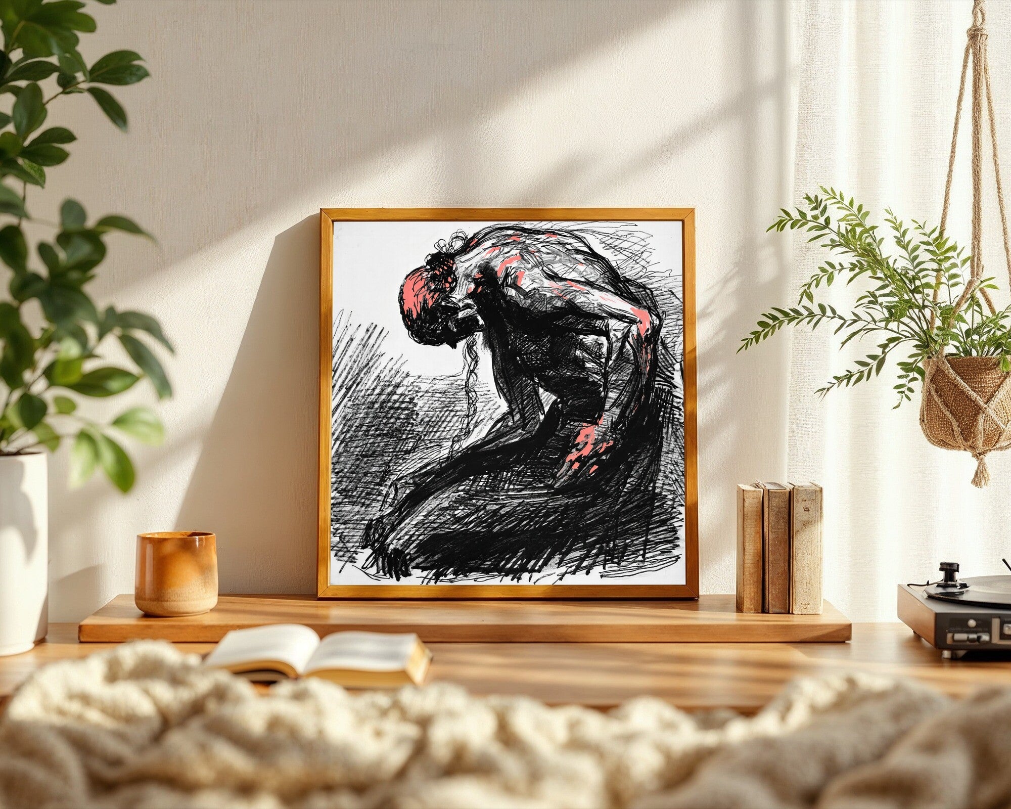 Kowtow, Gestural Figure Study in Coral | Expressive Wall Art Print — room-s-clean