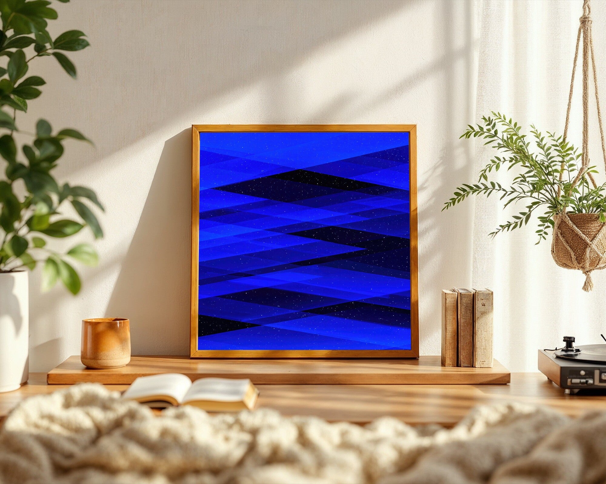 Nocturnal Geometry Wall Art, Deep Indigo Abstract Art Print, Hard-Edge Blue Geometric — room-s-clean
