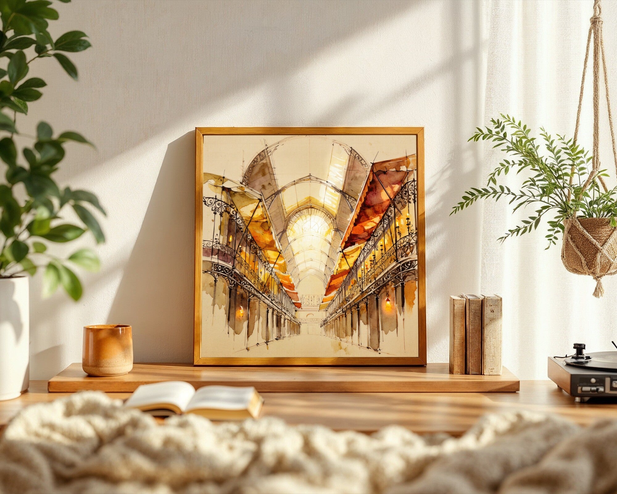 Grand Market Atrium at Dawn, Watercolor Art Print | Wrought Iron Gallery & Glass Dome Wall Art — room-s-clean