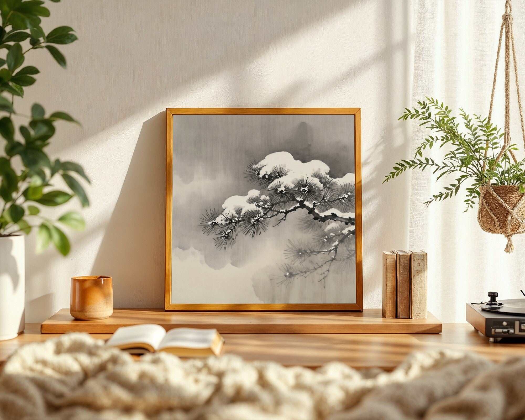 Pine Branch in Snow Art Print, Sumi Ink Wash, Minimalist Zen Wall Art — room-s-clean