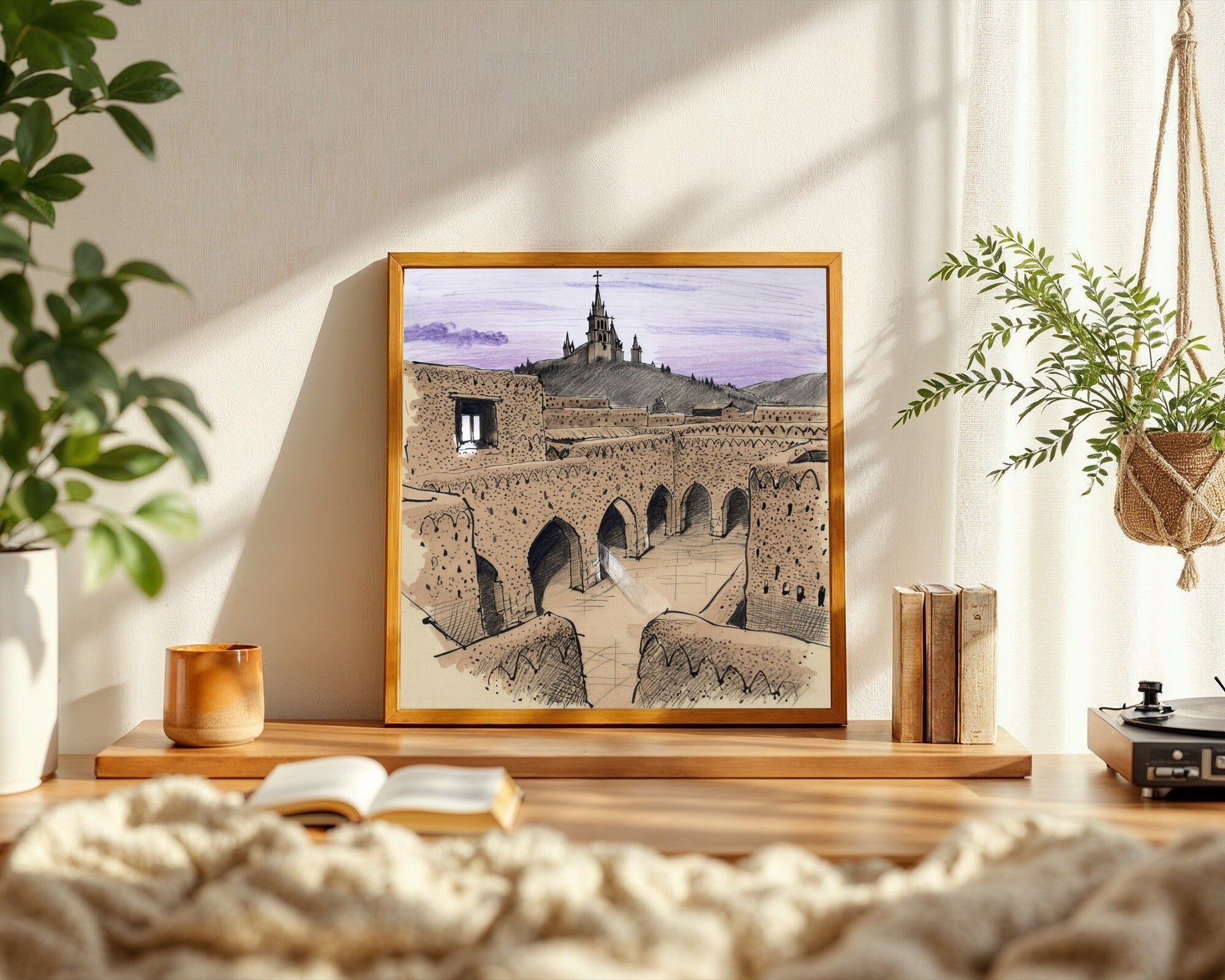 Andean Adobe Church at Dusk, Architectural Sketch Art Print, Gothic Spires Wall Art — room-s-clean