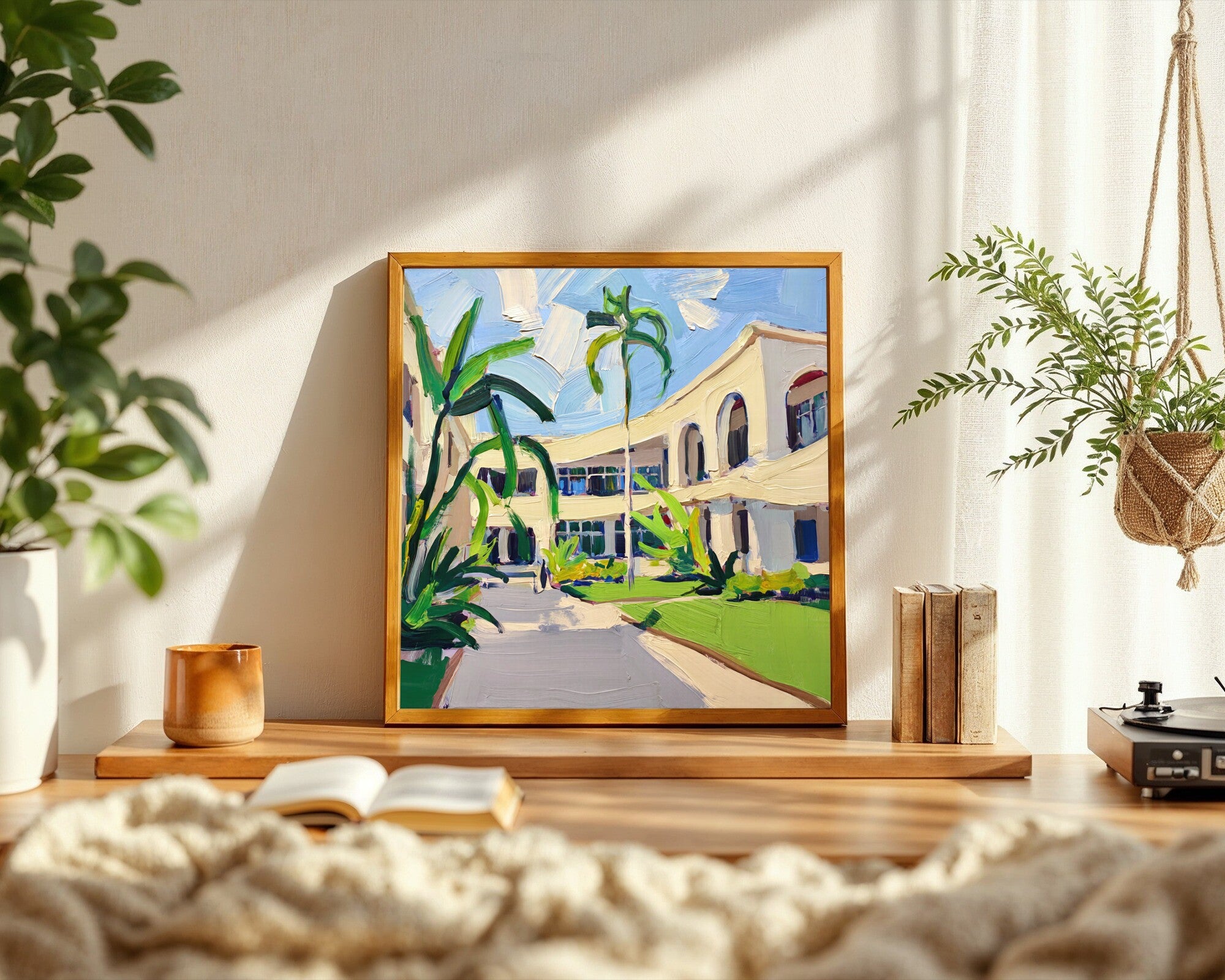 Campus Archways Art Print, Gestural Impasto Wall Art with Tropical Foliage, Bleached Neutrals — room-s-clean