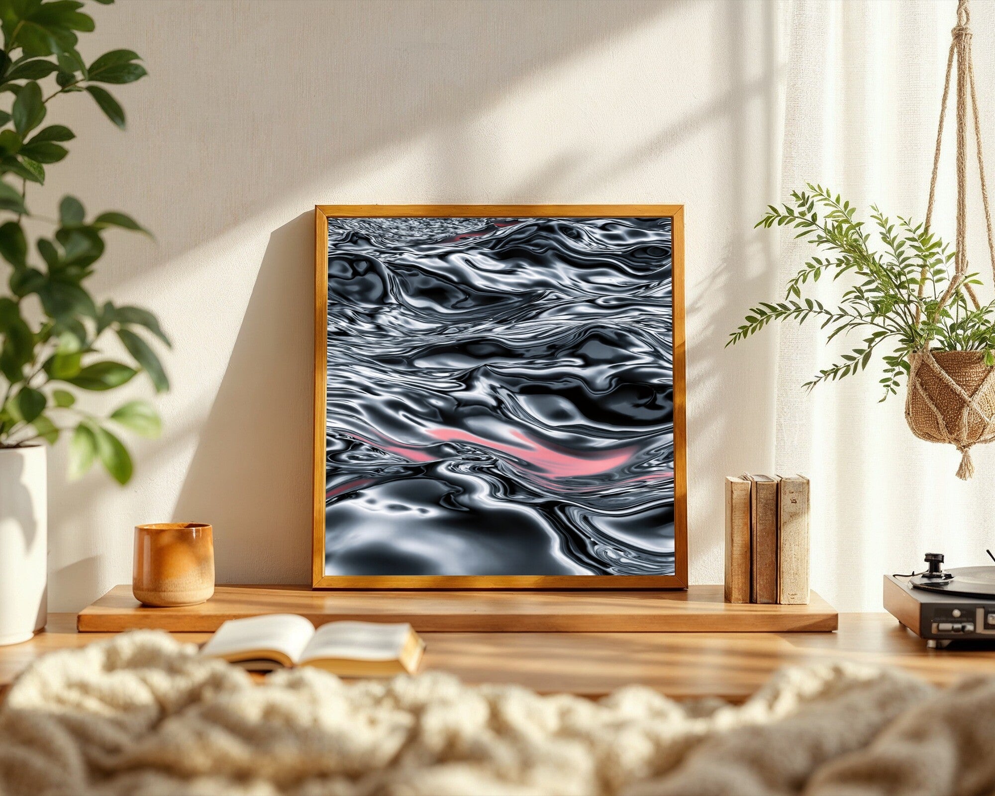 Ariamsvlei Flow · Abstract Graphite Landscape Wall Art Print with Vermilion Accent — room-s-clean