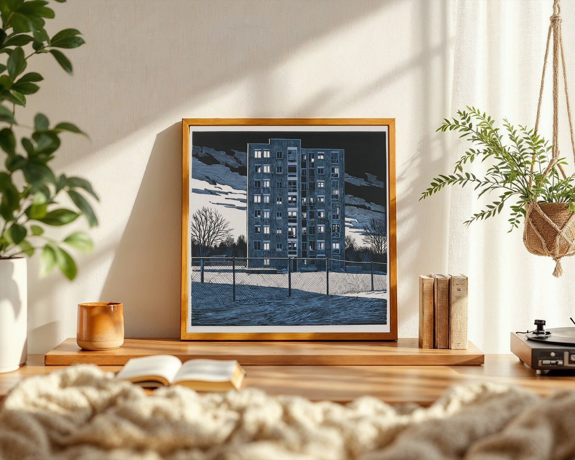 Brutalist Tower Wall Art | Concrete Social Housing Linocut Print | Urban Monochrome Architecture — room-s-clean