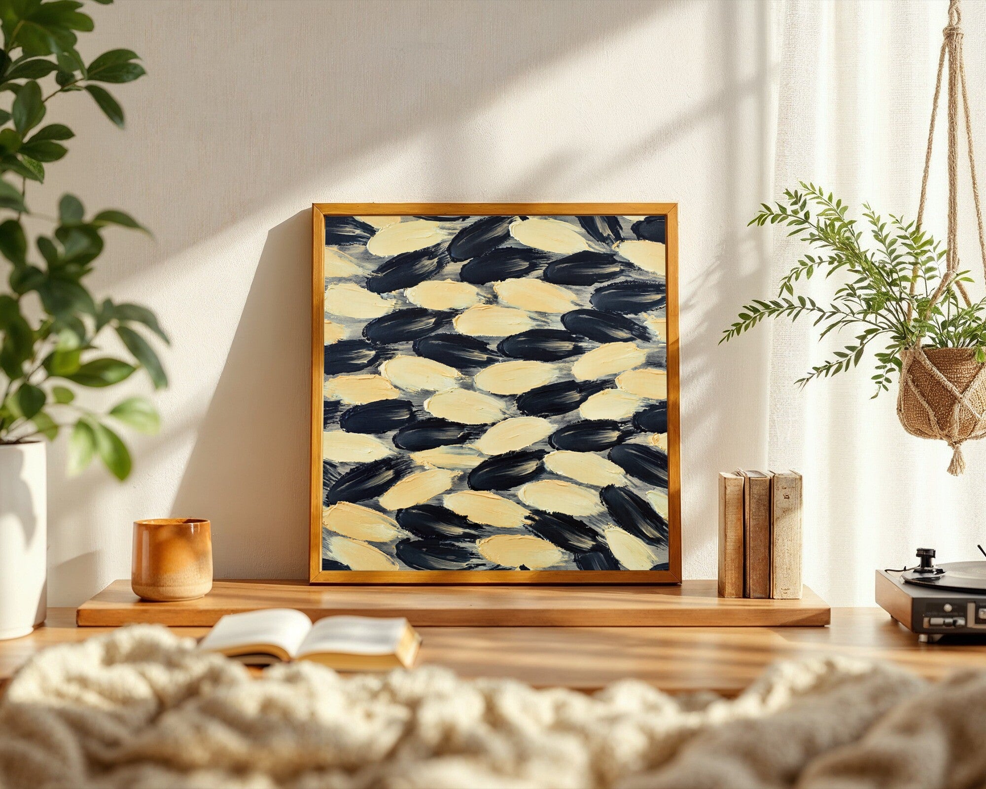 Elliptical Rhythms, Gestural Abstract Wall Art in Ink Black and Cream — room-s-clean