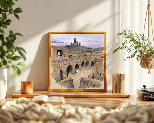 Andean Adobe Church at Dusk, Architectural Sketch Art Print, Gothic Spires Wall Art — room-s-clean