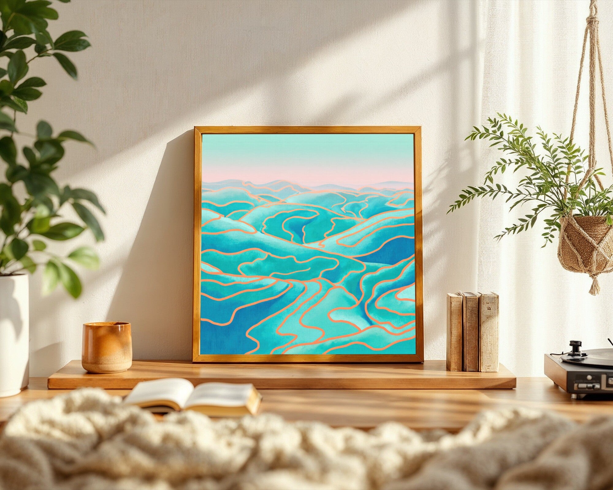 Rolling Haze, Surreal Landscape Art Print | Deep Turquoise, Rose & Tangerine Wall Art — room-s-clean
