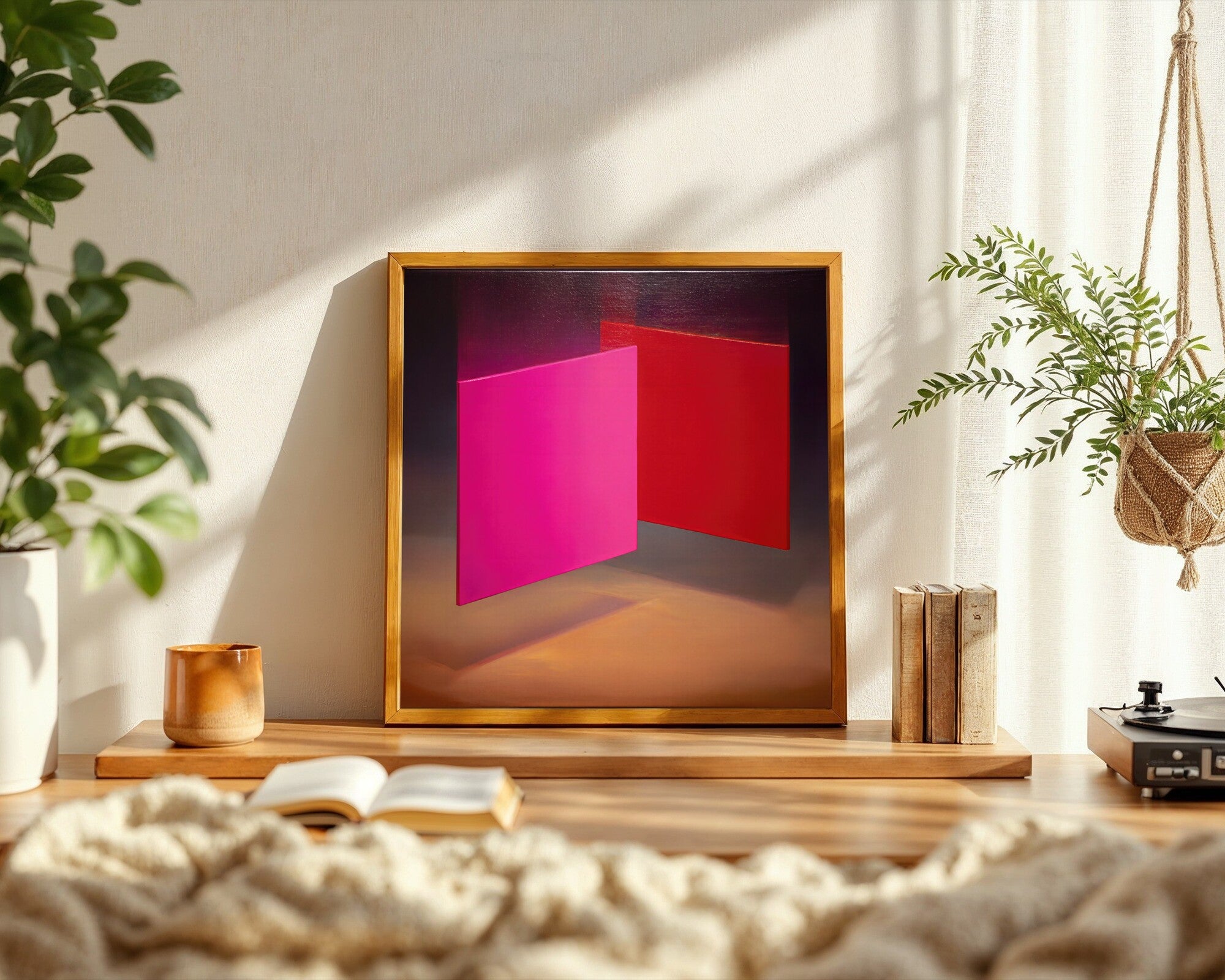 Luminous Dialogue, Abstract Color Field Wall Art Print in Magenta and Scarlet — room-s-clean