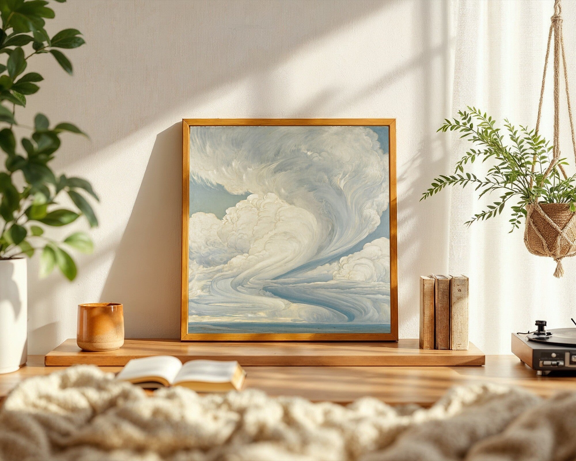Warm Front, Cloud Art Print | Minimalist Atmospheric Sky in Bone White & Dusty Teal — room-s-clean