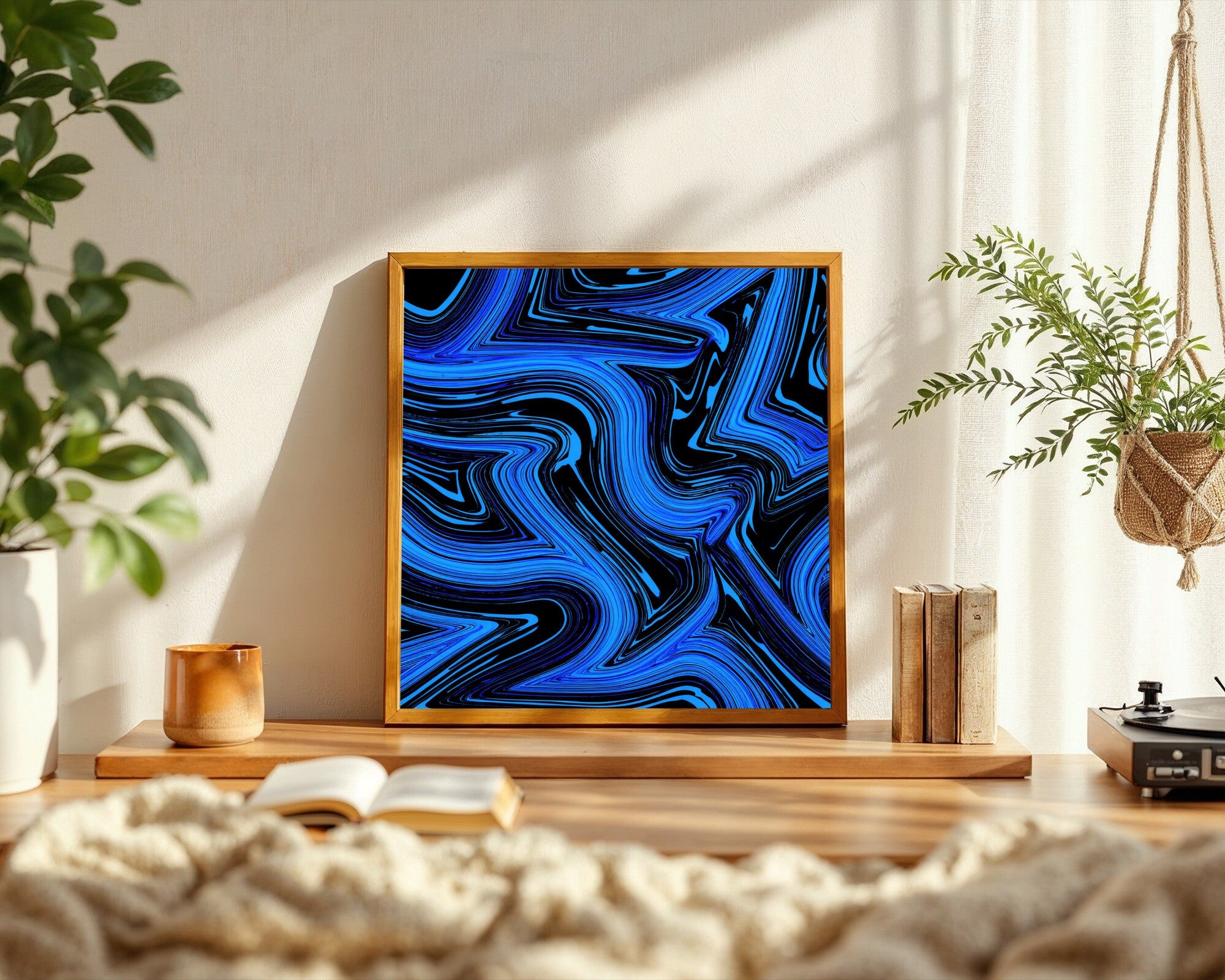 Flow Field Calligraphy Wall Art Print, Navy Blue & Cyan on Black, Generative Line Art, Dark Decor — room-s-clean