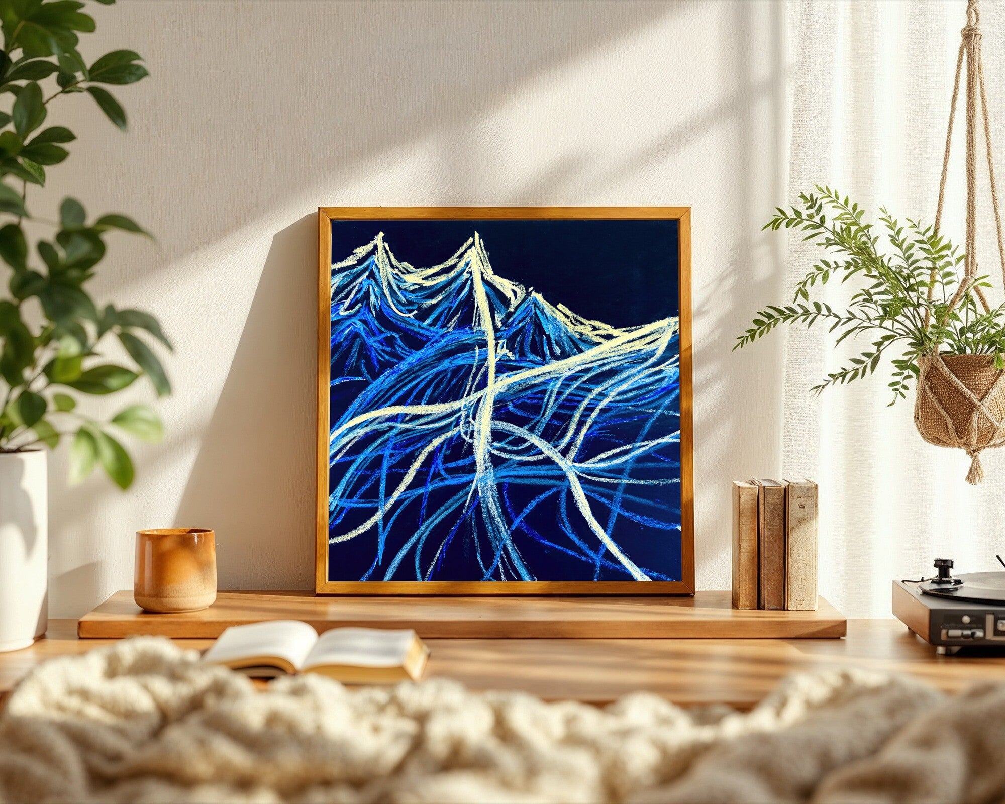 Ultramarine & Ivory Abstract Wall Art Print | Gestural Calligraphic Painting on Dark Ground — room-s-clean
