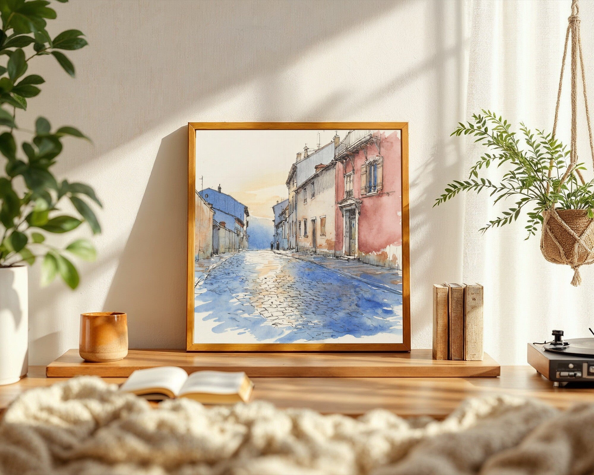 Rain-Washed Cobblestones at Dusk, Watercolor Art Print, European City Street Wall Art — room-s-clean