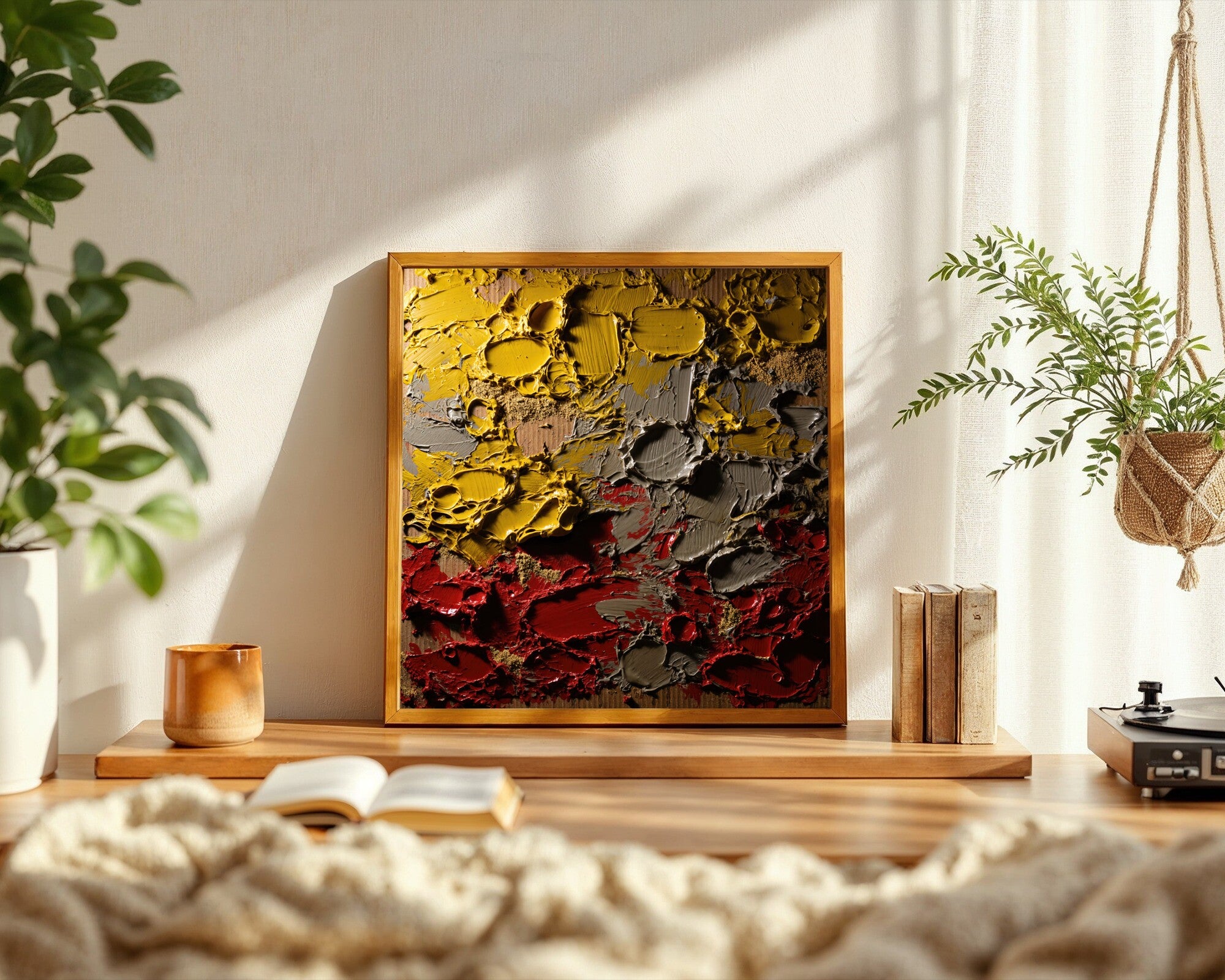 Raw Field, Abstract Impasto Wall Art | Yellow, Red and Warm Grey Art Print — room-s-clean